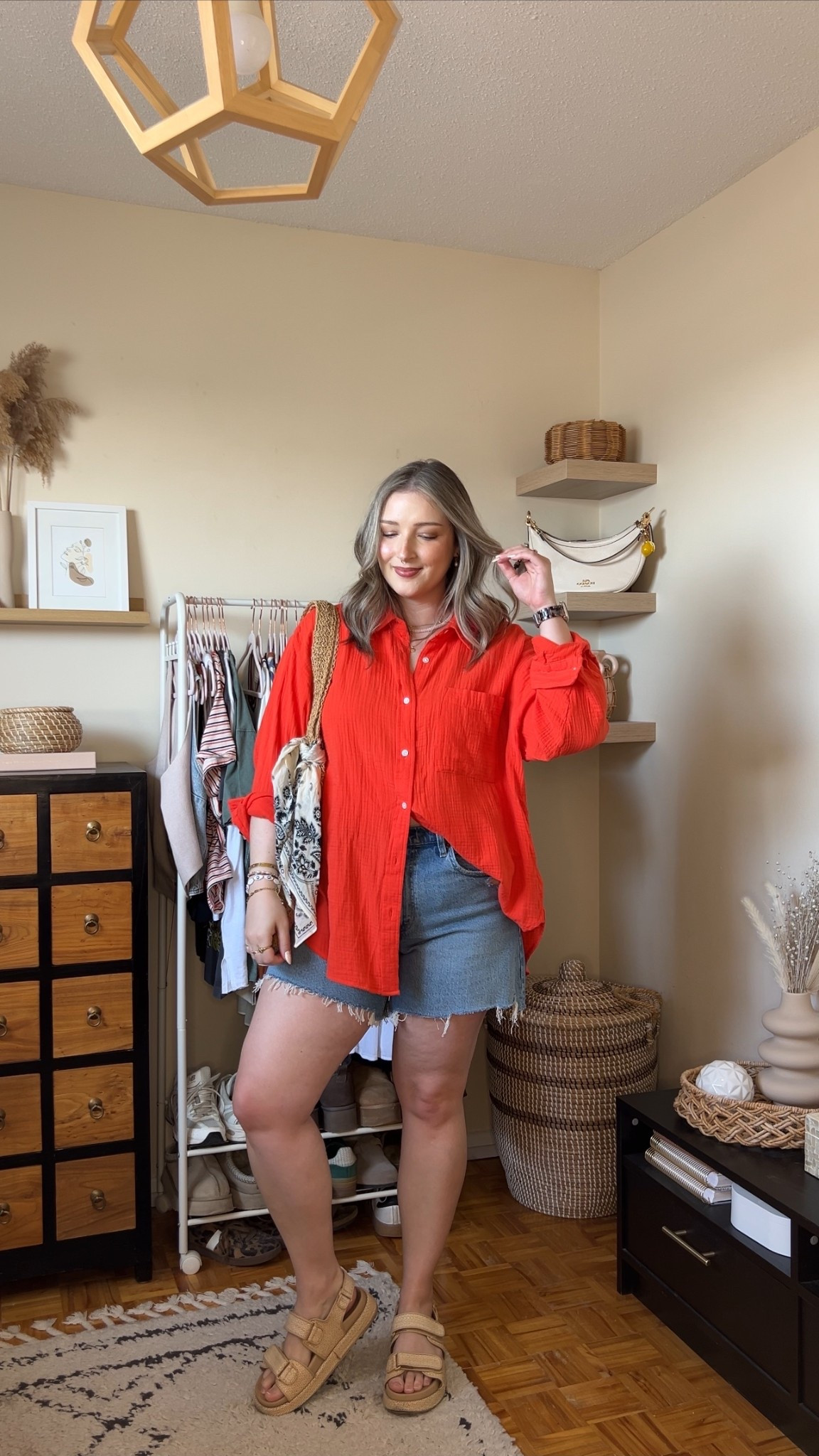 Casual colorful summer outfit! Wearing L in the bright button up shirt. Wearing 32 in the denim shorts (I recommend sizing up 1!). Linked similar sandals


#LTKstyletip #LTKmidsize #LTKsummer