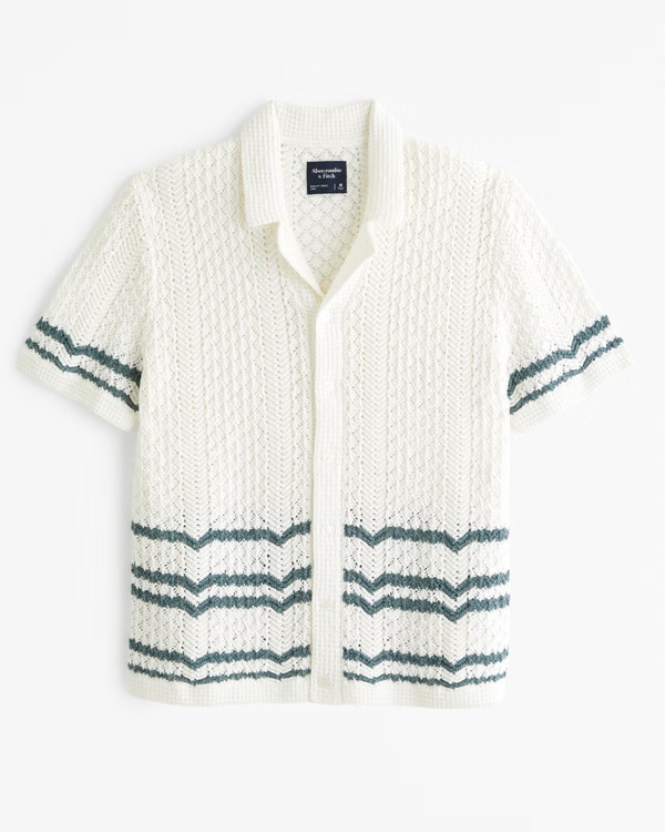 Striped Crochet-Style Stitch Button-Through Sweater Polo | Abercrombie & Fitch (US)