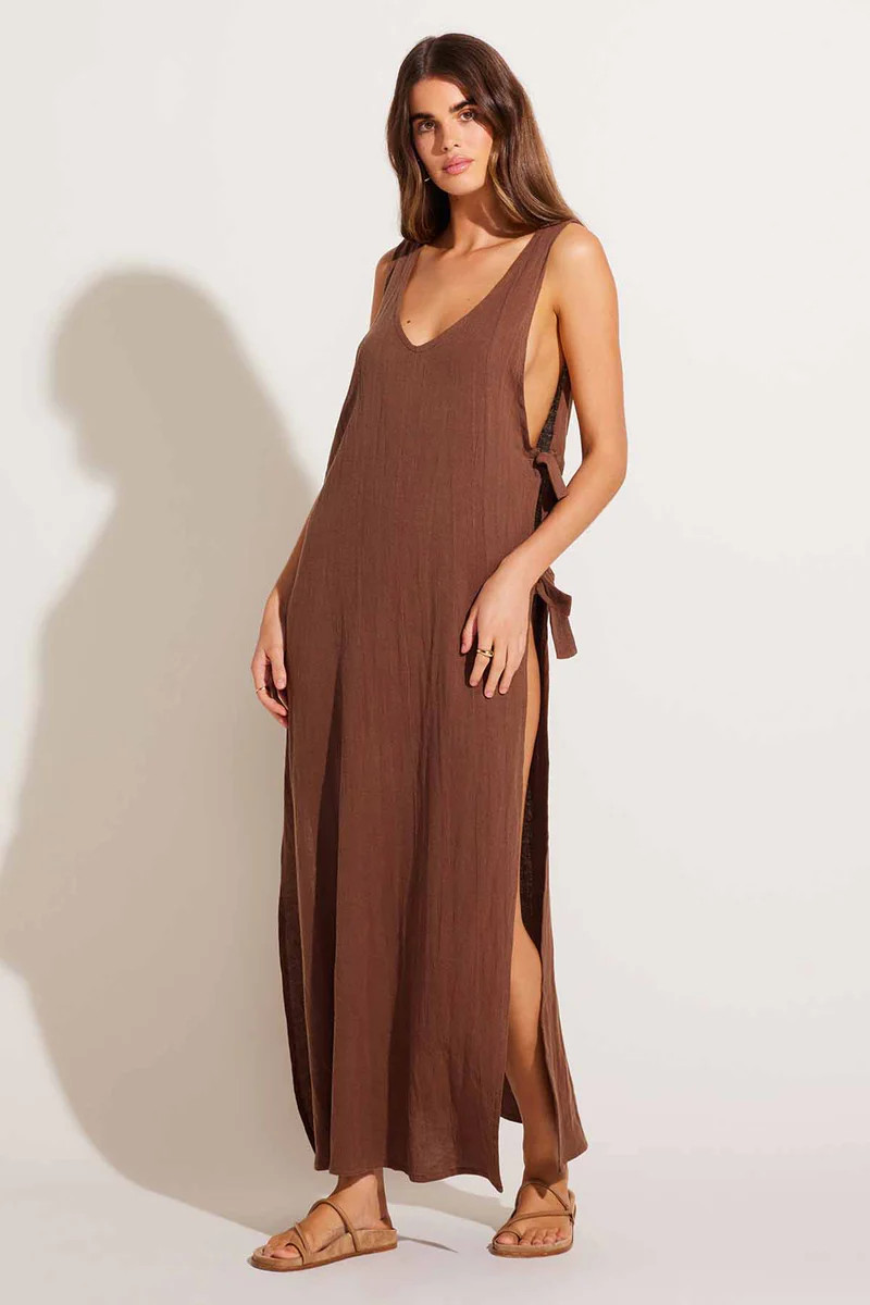 Vitamin A Riviera Dress Mocha Crinkle Linen | Vitamin A