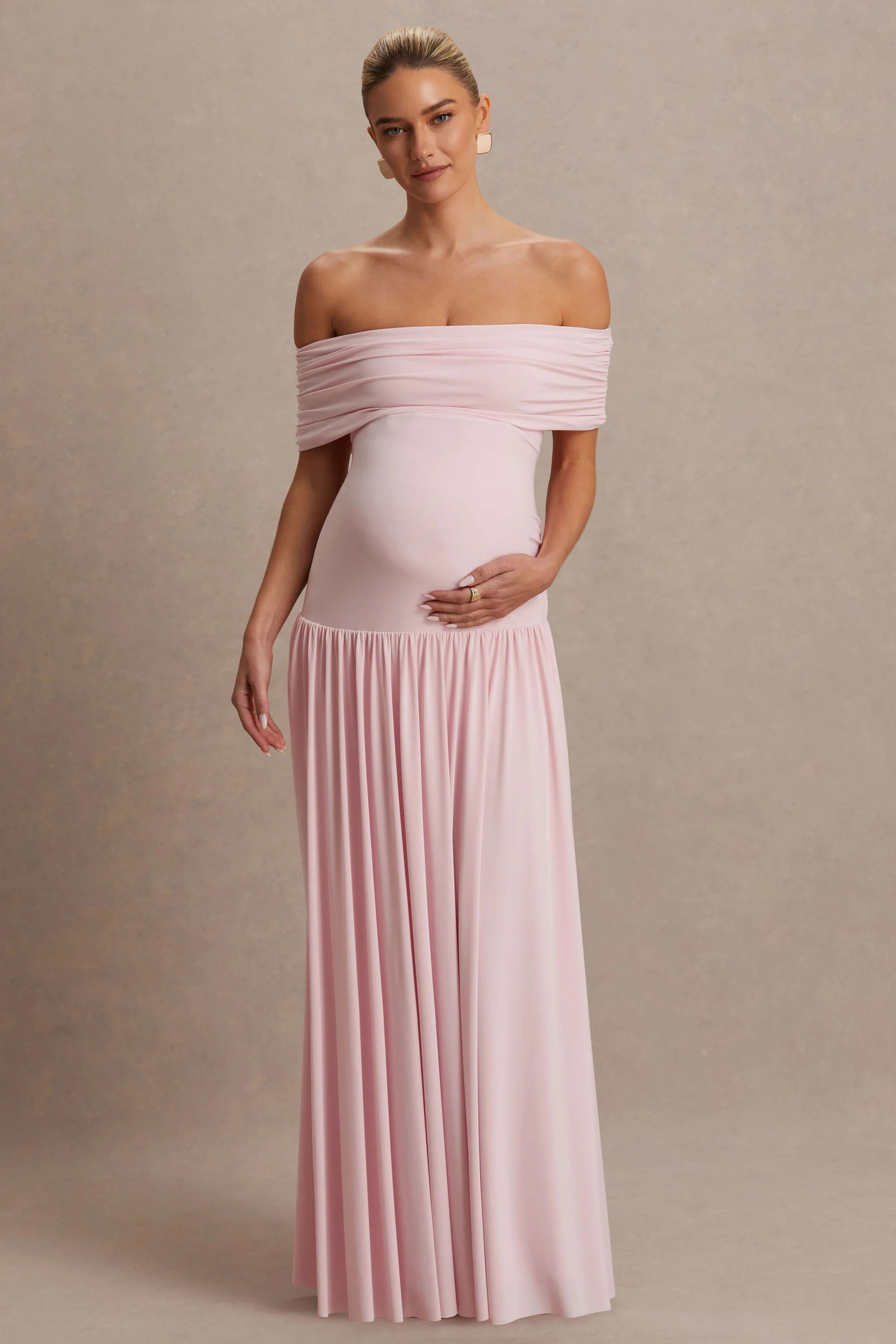 Juliette | Blush Pink Bardot-Neck Maternity Maxi Dress With Drop-Waist | Club L London