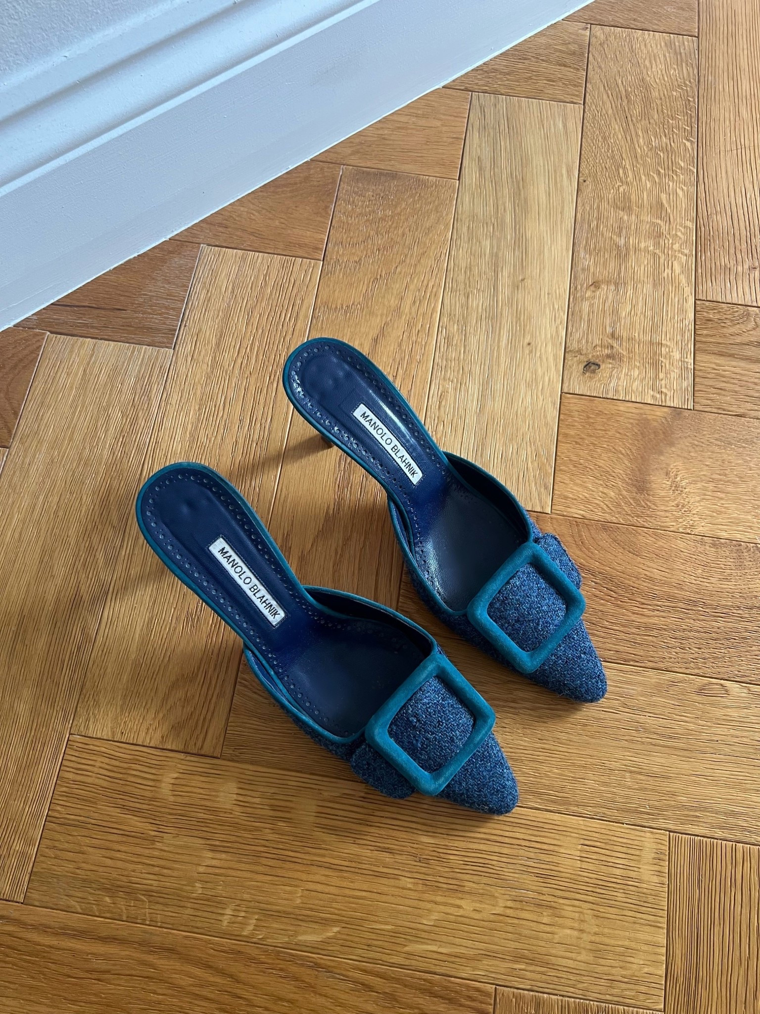 Blue Manolo Blahnik Maysale mules heels 