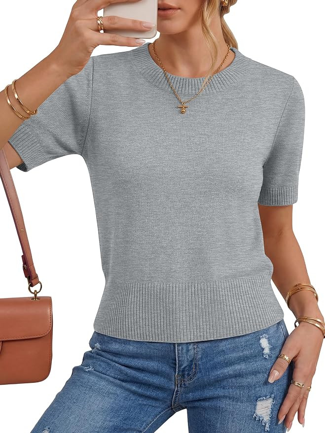 ANRABESS Womens Short Sleeve Sweaters Cropped Crew Neck Business Casual Lightweight Sweater Tops ... | Amazon (US)
