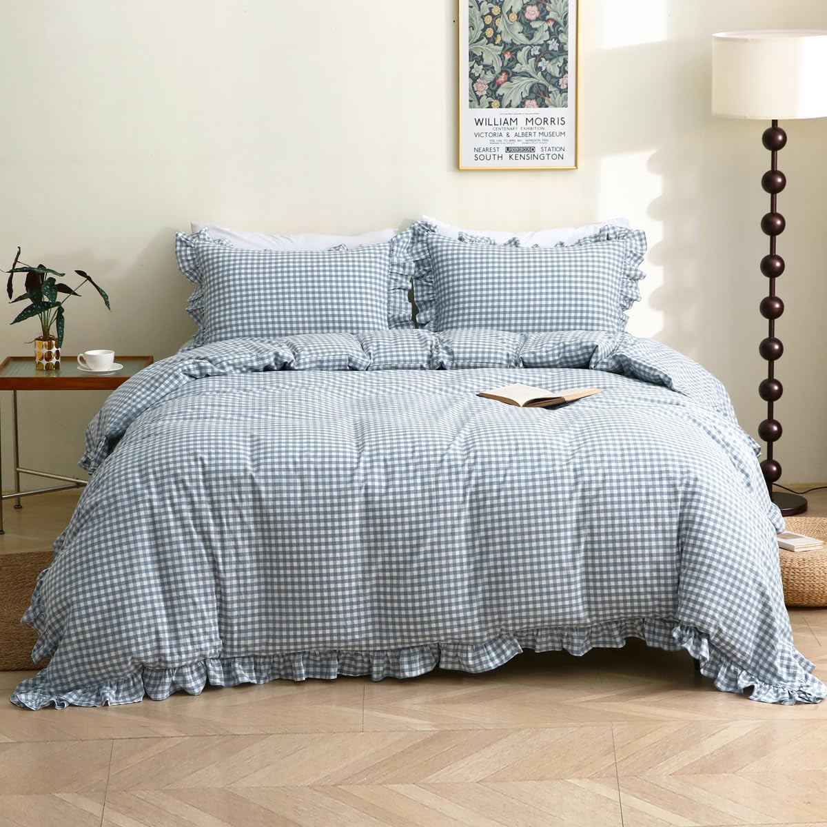 Silnuo Light Blue/White Plaid Ruffle Duvet Cover King Size,100% Washed Cotton 3 Pieces Shabby Che... | Amazon (US)