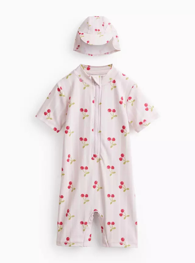 Pink Cherry Print Sun Suit & Keppie Hat Set 6-9 months | Tu Clothing