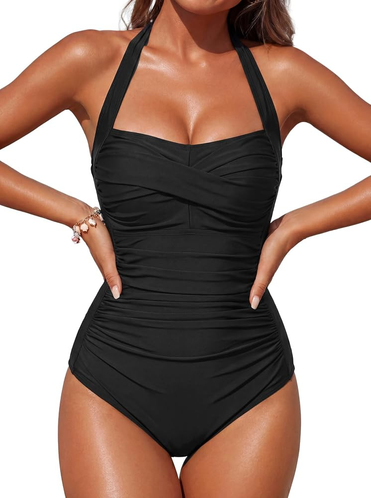 Smismivo Tummy Control Swimwear Halter One Piece Slimming Vintage Retro Swimsuit Womens Ruched Pu... | Amazon (US)