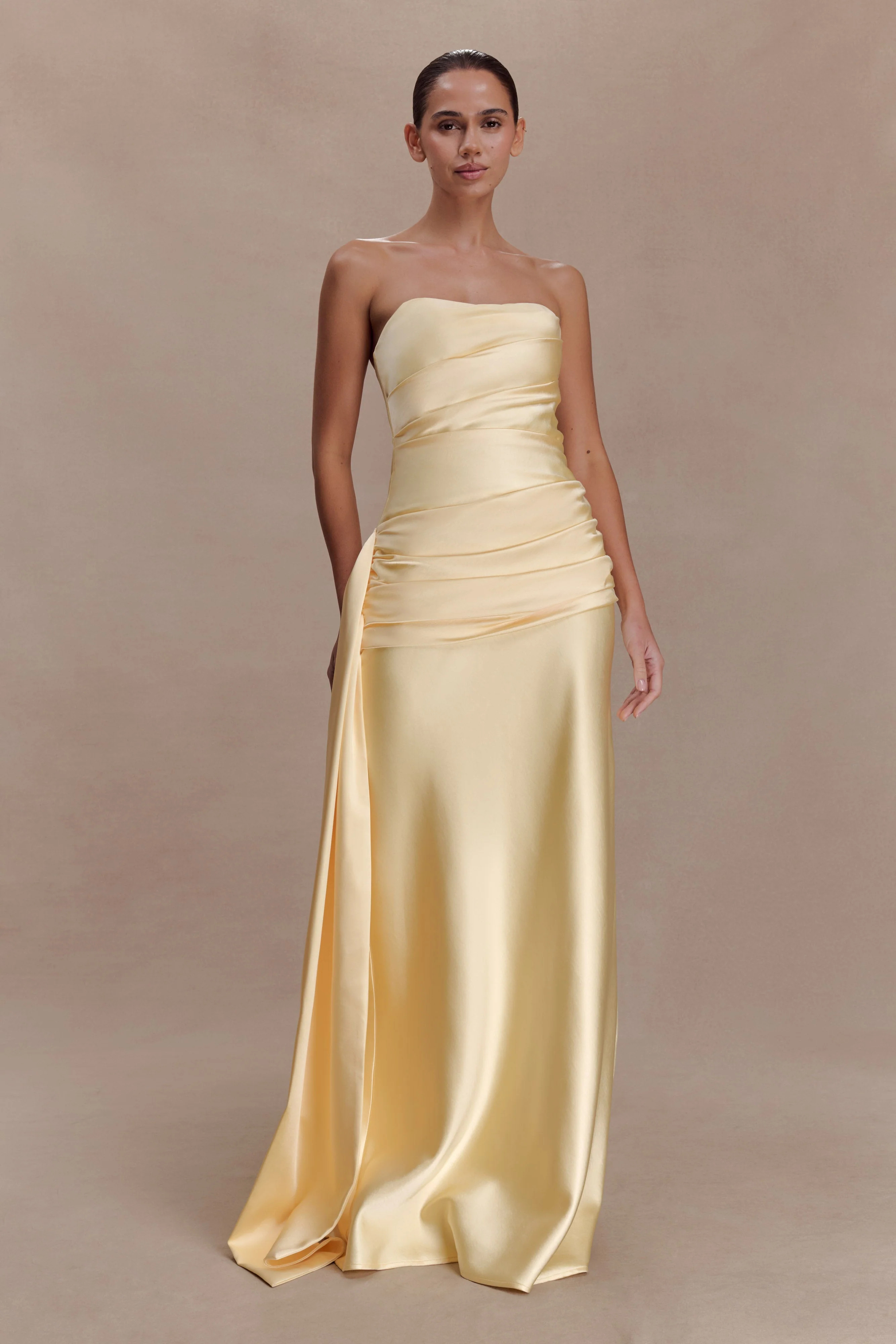 Sarah Strapless Maxi Dress With Waist Tie - Lemon | Meshki UK