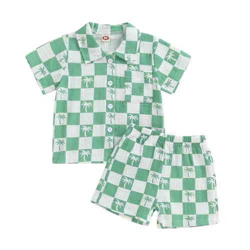 Onfmst ​Toddler Boy Clothes Summer Short Sleeve Button Down Shirt Shorts Set Baby Boy Beach Outfit Casual Cotton Linen Set (Green Coconut Tree, 3-4T) | Amazon (US)
