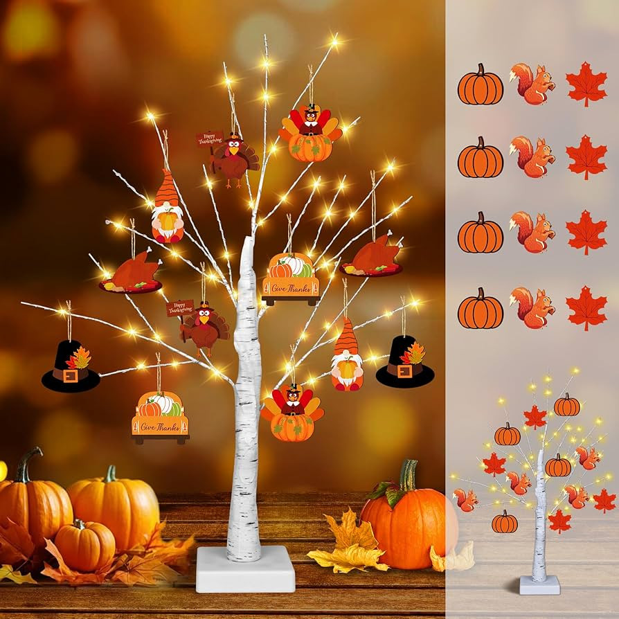 [Timer] Thanksgiving Birch Tree Lights, 24" Lighted Birch Tree with 24 PCS Fall & Thanksgiving Ha... | Amazon (US)