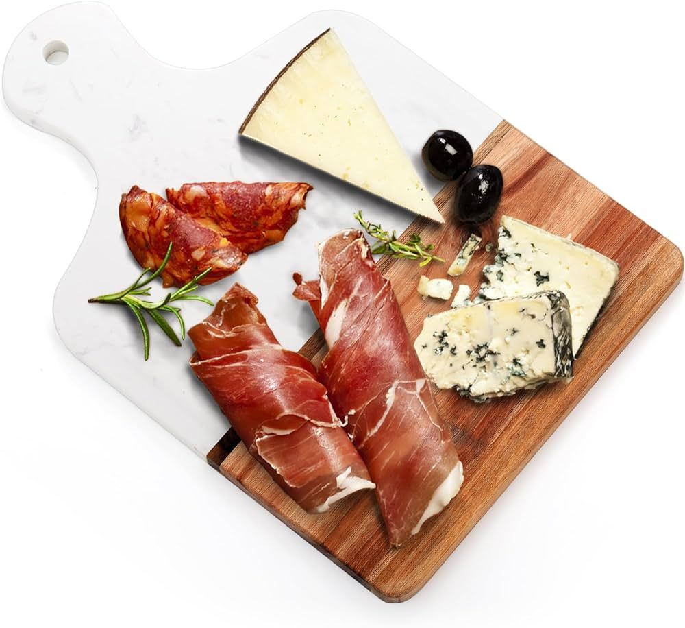 Coloch Marble and Acacia Wood Cutting Board, White Cheese Board Charcuterie Chopping Board with H... | Amazon (US)