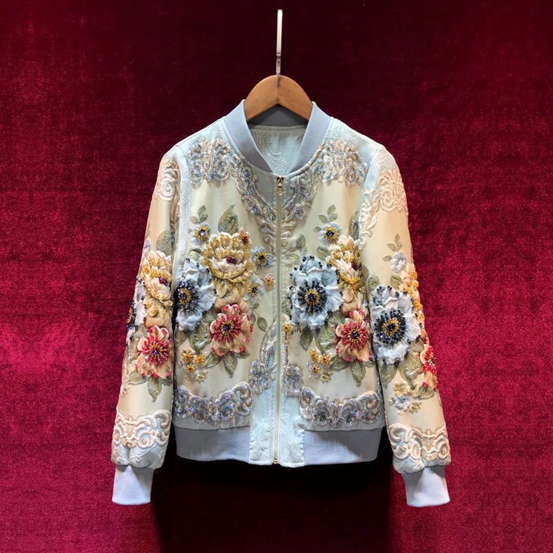 French Vintage Jacquard baseball Jacket, 3D Floral Embellished Jacket, Designer Streetwear beaded... | Etsy (US)