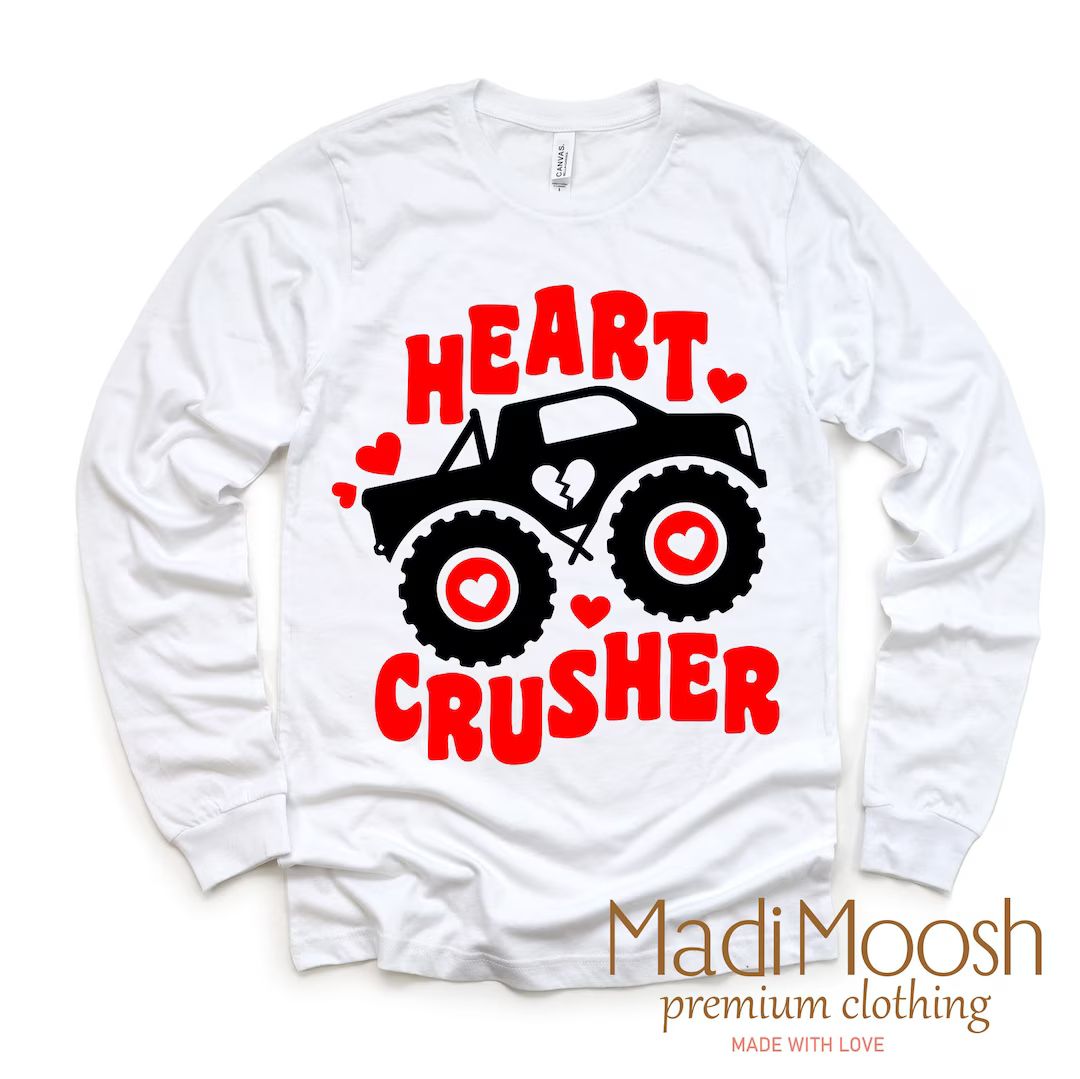 Heart Crusher Monster Truck Valentine Toddler Sweatshirt Valentines Day Kids Long Sleeve Shirt Na... | Etsy (US)