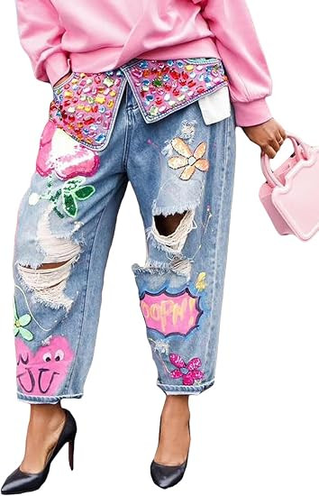 Women's Barrel Jeans Wide Leg High Waist Rhinestone Floral Horseshoe Ripped Baggy Cropped Jeans D... | Amazon (US)