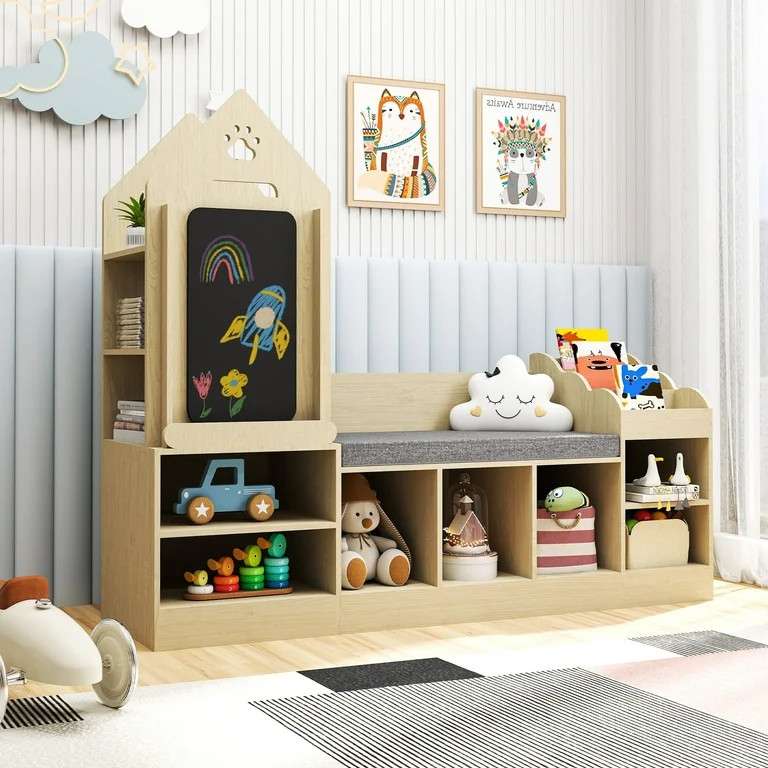 Reasea Kids Bookshelf with Reading Corner, Wooden Toy Organizer with Bench and Chalkboard, Toddle... | Walmart (US)