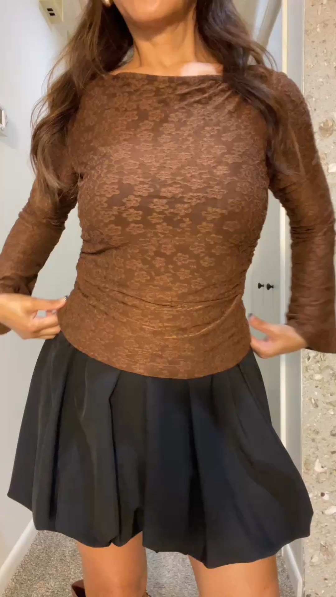 Amazon y2k bubble mini skirt in black with bell long sleeve shirt in brown | both in size small | perfect Fall fashion | Fall style | casual fun look

#LTKStyleTip #LTKFindsUnder50