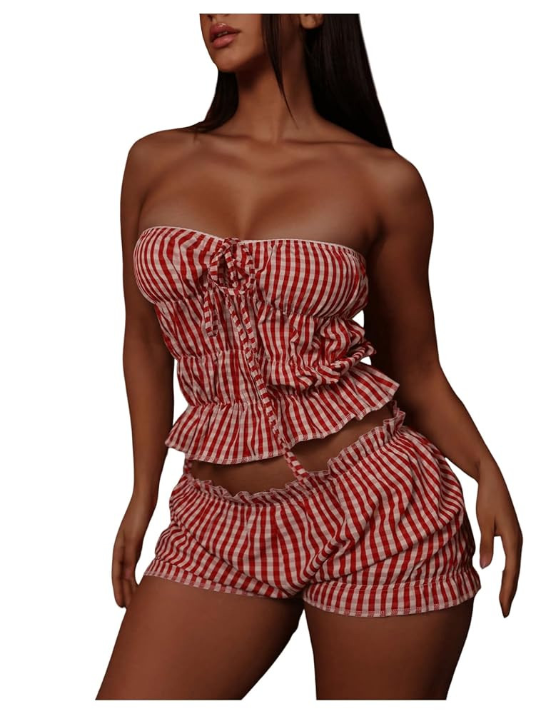 SHENHE Women's 2 Piece Outfits Y2k Gingham Ruffle Crop Tube Top and Low Rise Shorts Set | Amazon (US)