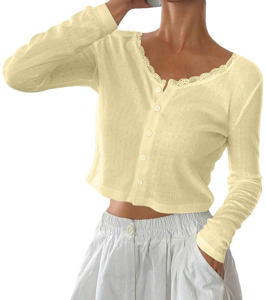 BAIGRAM Women Long Sleeve Button Down Open Front V Neck Crop Cardigan Shirt Y2K Lace Patchwork Po... | Amazon (US)