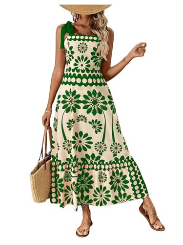 COZYEASE Women's Tie Shoulder Floral Boho Maxi Dress Sleeveless Smocked Vacation Summer Dress Green Medium | Amazon (US)
