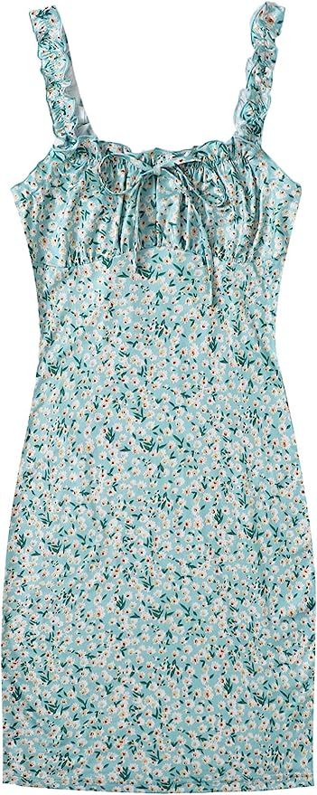 SheIn Women's Floral Tie Neck Sleeveless Ruched Bust Frill Trim Bodycon Short Dress | Amazon (US)