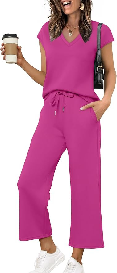 Saloogoe Two Piece Sets for Women Summer Outfits Lounge Sets V Neck Tops Wide Leg Pants Woman Vac... | Amazon (US)