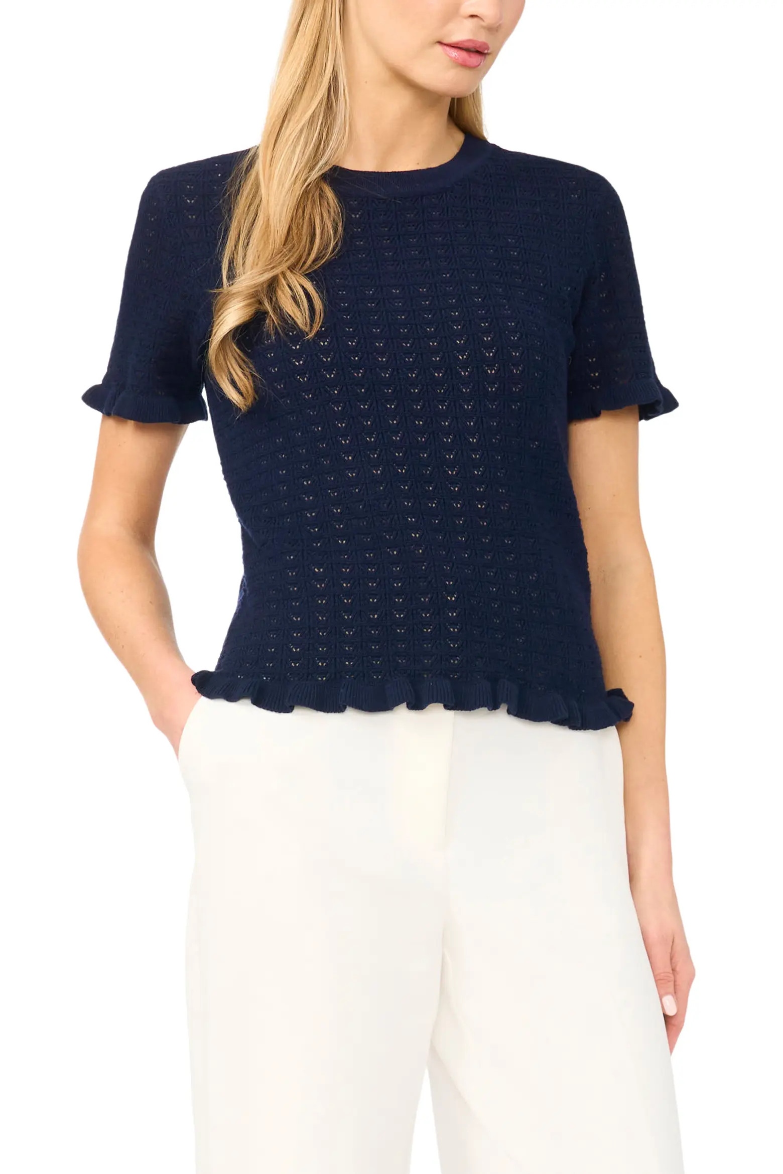 Ruffle Trim Pointelle Stitch Short Sleeve Sweater (Women) | Nordstrom | Nordstrom