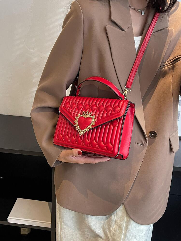 Neon Red Quilted Crown & Heart Decor Square Bag | SHEIN