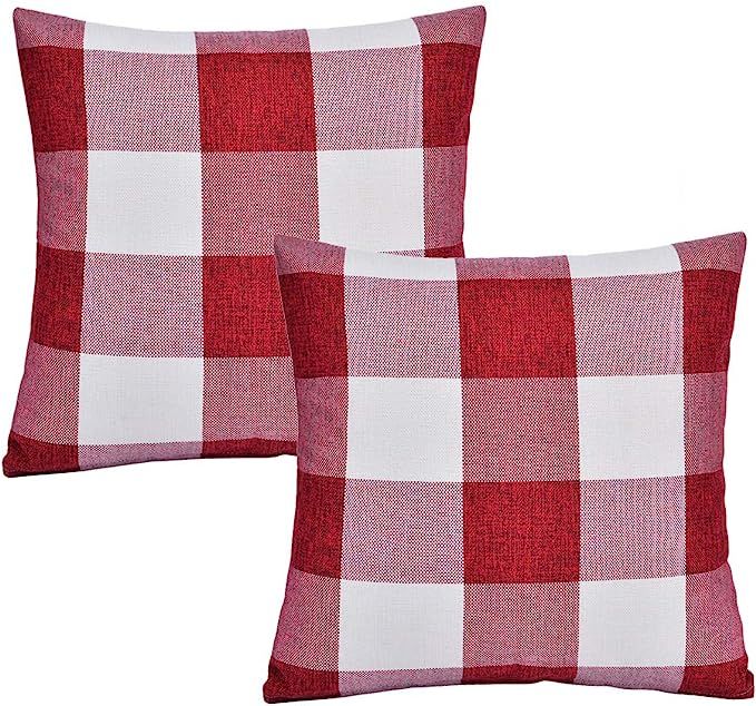 SEEKSEE Set of 2 Buffalo Check Red and White Plaid Throw Pillow Covers Cushion Cover Cotton Linen... | Amazon (US)