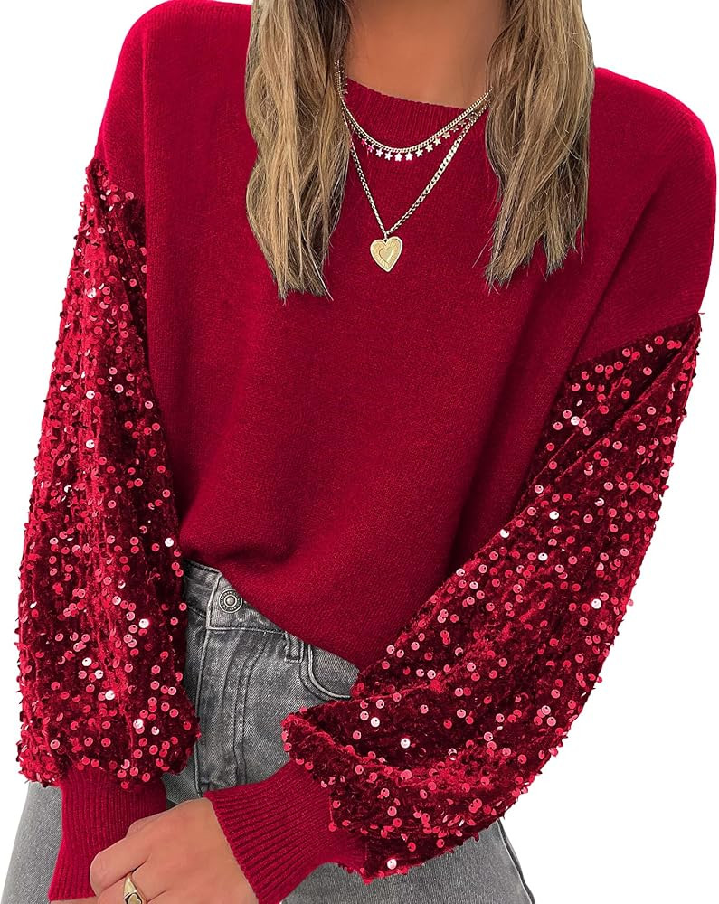 miduo Womens 2025 Fashion Crewneck Sequin Long Sleeve Casual Patchwork Sparkle Shimmer Pullovers ... | Amazon (US)