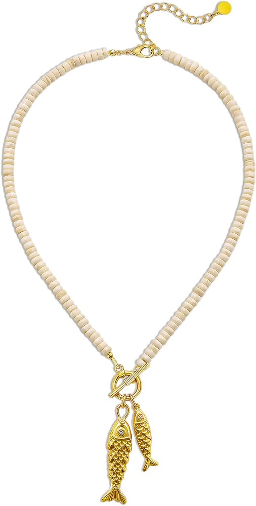 Gold Fish Pendant Necklace For Women\uff0cSummer Beach Natural Stone Beaded Strand Toggle Handmad... | Amazon (US)