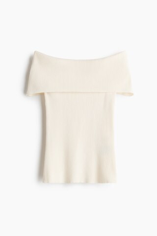 H & M - Rib-Knit Off-the-Shoulder Top - Cream | H&M (US + CA)