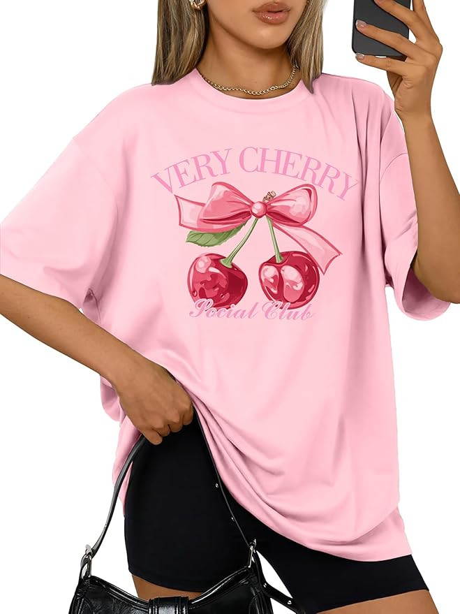 Womens Oversized Tshirt Cherry Shirt: Cherry Bow Graphic Tees Short Sleeve Shirts Summer Casual L... | Amazon (US)