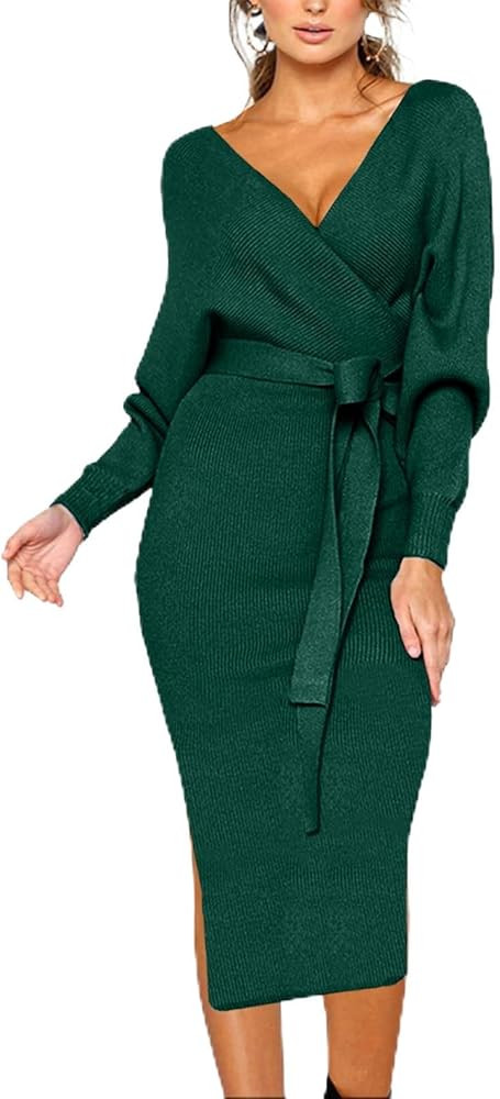 CHERFLY Women's V Neck Sweater Dresses Batwing Long Sleeve Backless Bodycon Long Dress with Belt | Amazon (US)