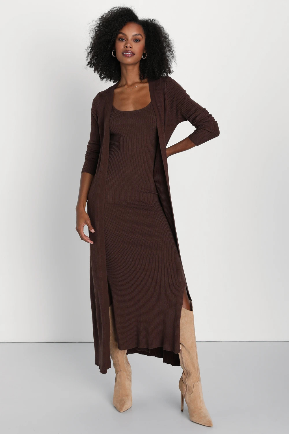 Layer Lover Brown Ribbed Knit Two-Piece Dress & Cardigan Set | Lulus (US)