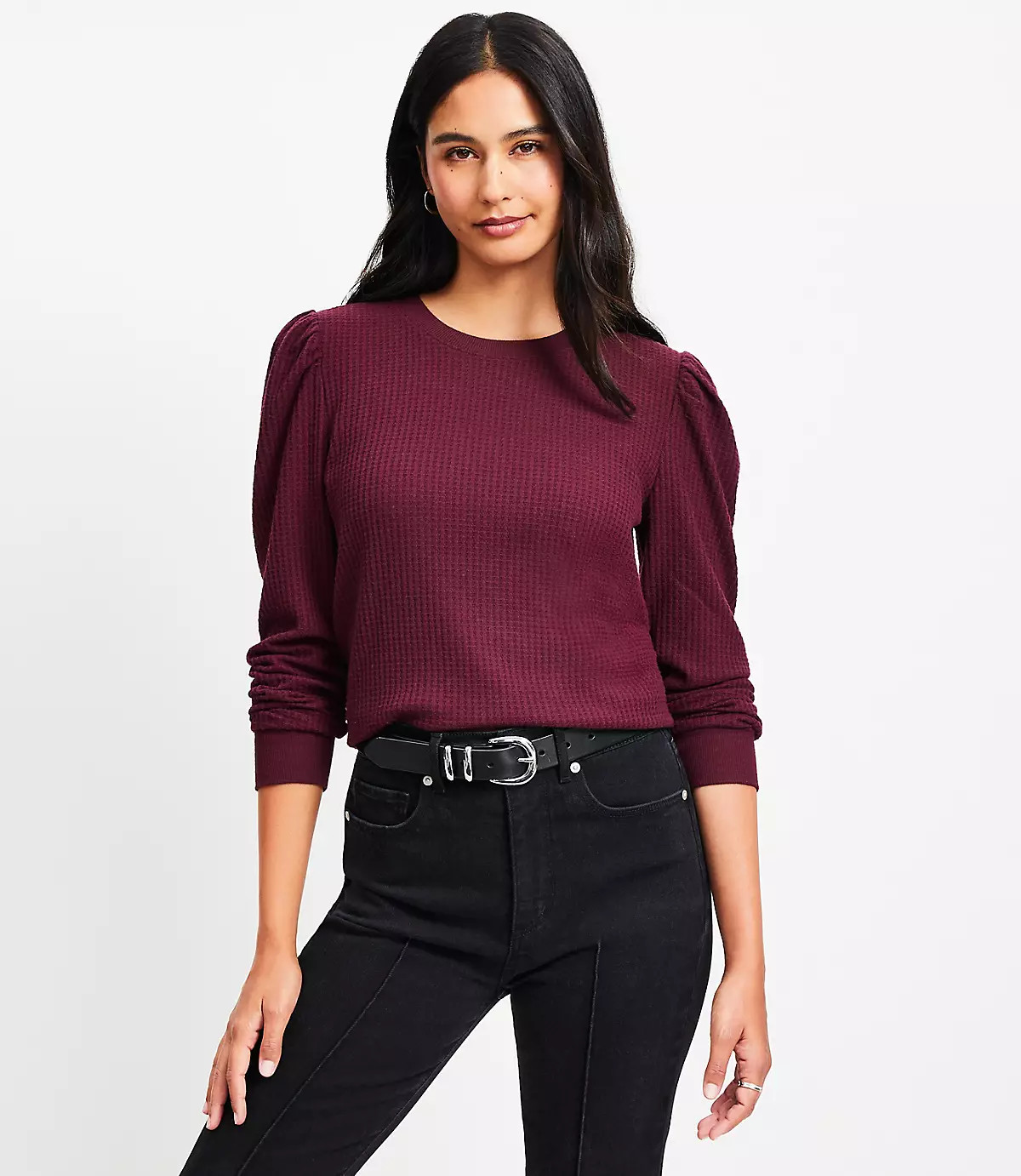 Brushed Waffle Puff Sleeve Top | LOFT
