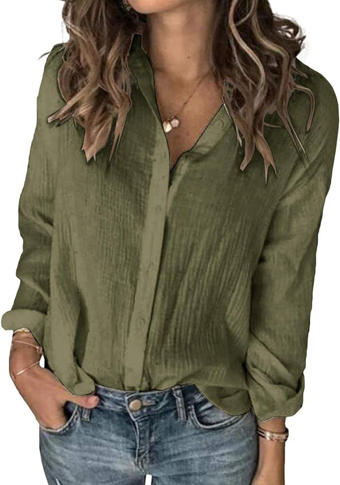 Karlywindow Womens Long Sleeve Button Down Cotton Linen Shirt Blouse Loose Fit Casual V-Neck Tops | Amazon (US)