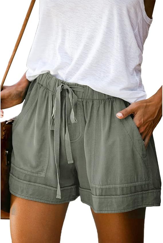 BTFBM Women Casual Shorts Plain Solid Color Elastic Waist Drawstring Pockets Lightweight Summer B... | Amazon (US)