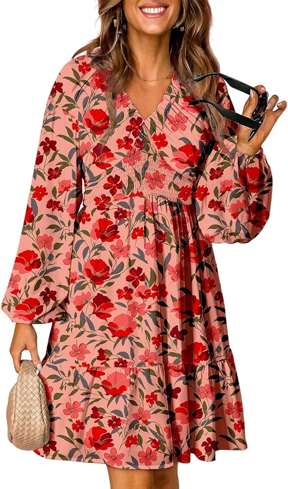 Dokotoo Spring Dresses for Women 2026 Boho Floral V Neck Long Sleeve Smocked Elastic Waist Casual... | Amazon (US)