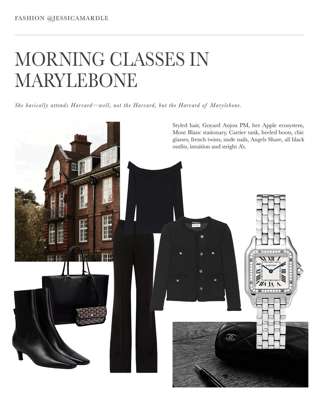 Styled hair, Goyard Anjou PM, her Apple ecosystem, Mont Blanc stationary, Cartier tank, heeled boots, chic glasses, french twists, nude nails, Angels Share, all black outfits, intuition and stright A's.

#LTKuk #LTKwinter #LTKluxury