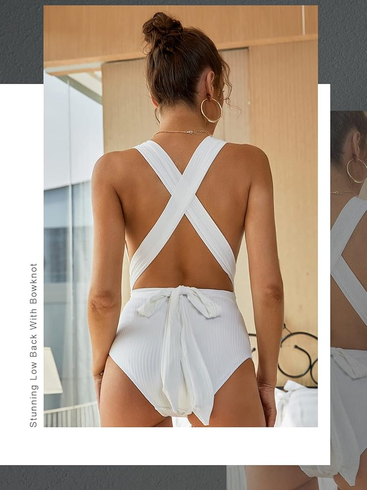 MOLYBELL Women One Piece White Swimsuits, High Waitsted Ribbed Plunge Bathing Suit for Tummy Control | Amazon (US)