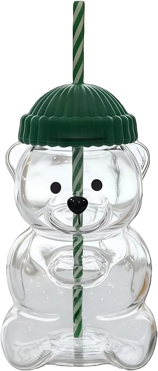Holiday Bear Tumbler with Green Striped Straw, Clear Glass Bear-Shaped Cup with Winter Hat, Chris... | Walmart (US)