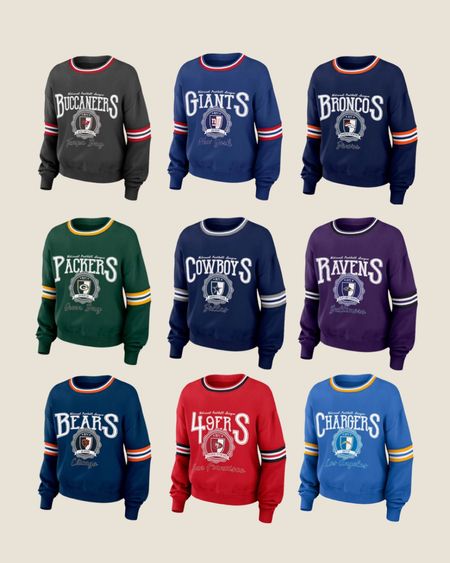 NFL crewneck sweatshirts perfect for gameday. 

Tampa bay Bucs
New York Giants
Denver Broncos
Green Bay packers
Dallas cowboys 
Baltimore Ravens 
Chicago bears
San Francisco 49ers
Los Angeles Chargers
