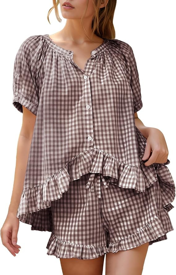 Flygo Womens Gingham Pajamas Set 2 Piece Cotton Pj Lounge Sets Puff Sleeve Ruffle Babydoll Shirt ... | Amazon (US)