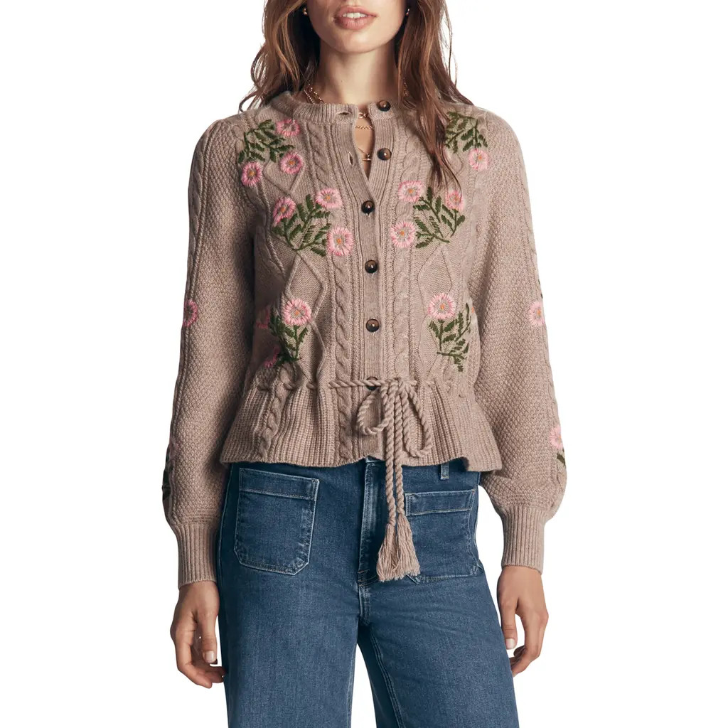 Boden Embroidered Cable Knit Cardigan in Mink Melange/embroidery at Nordstrom, Size Large | Nordstrom