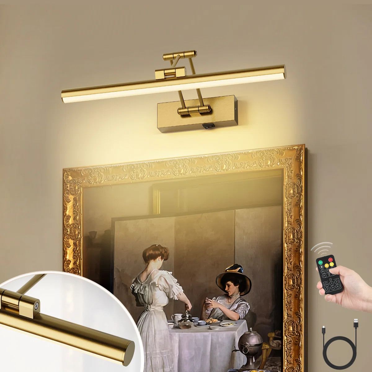 LED Picture Light with Remote Control Dimmable Multiple Color Temperatures Rotatable and Timer | Wayfair North America