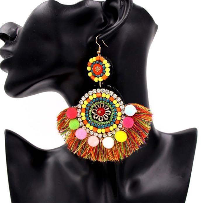 QTMY Big Statement Earrings with Colorful Pom Poms Tassel Bohemia Beach Earrings | Amazon (US)