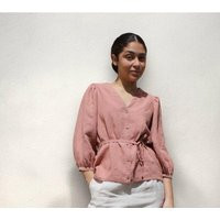 Blush Linen Blouse With Puff Sleeves & Belt | Etsy (US)