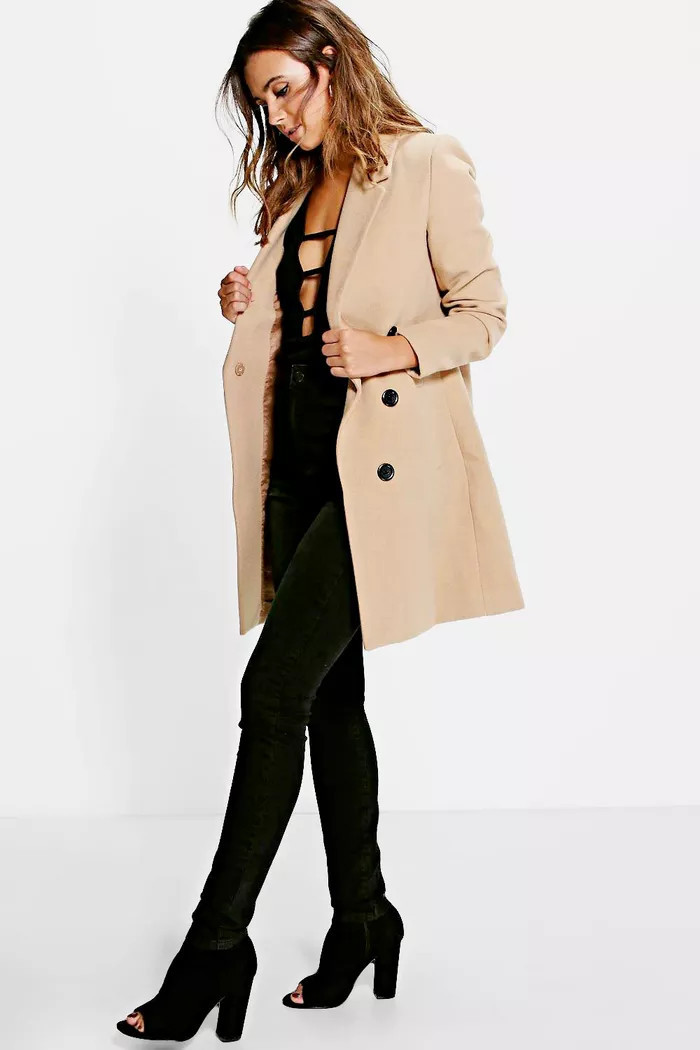 Petite Double Breasted Camel Duster Coat | boohoo (US & Canada)