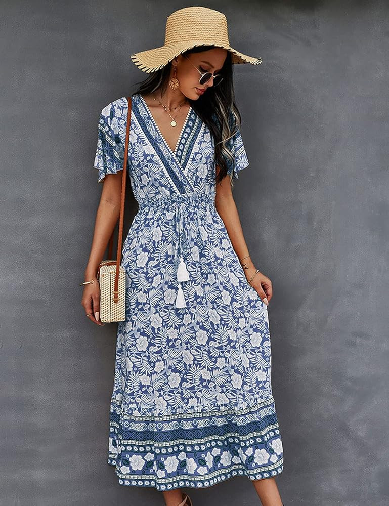 COMELY Womens V Neck Boho Maxi Dress Short Sleeve Floral Summer Dress with Stretchy Waist | Amazon (US)