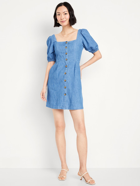Puff-Sleeve Jean Mini Dress | Old Navy (US)