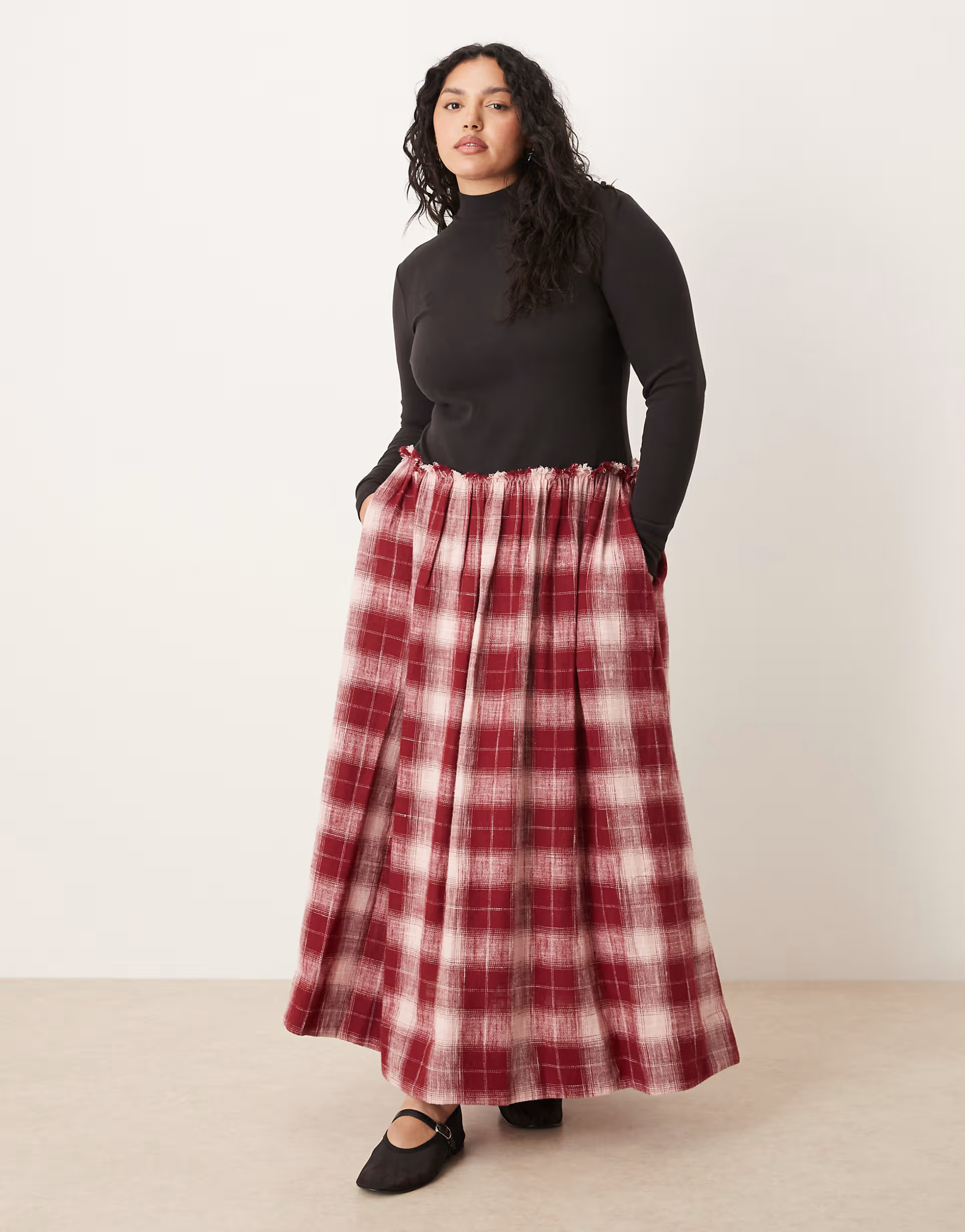 ASOS DESIGN Curve high neck long sleeve hybrid maxi dress in red check | ASOS (Global)