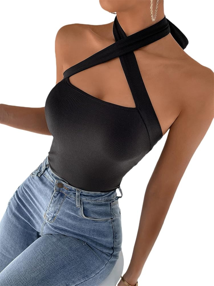 SheIn Women's Criss Cross Cut Out Halter Top Sleeveless Ribbed Knit Cami Tank Top | Amazon (US)
